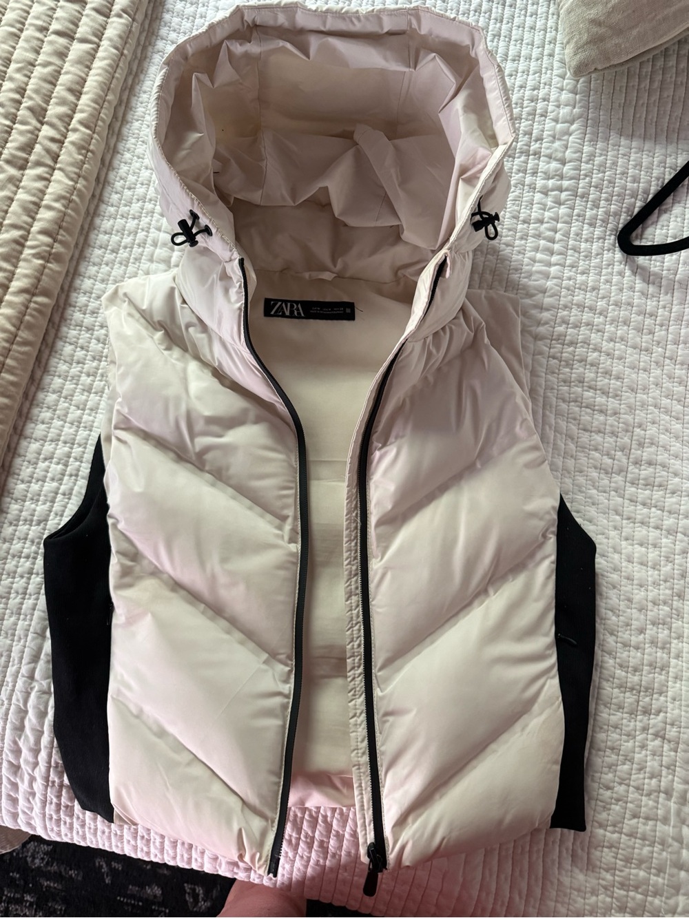 ZARA Pale Pink Hooded Puffer Vest with Black Side Panels